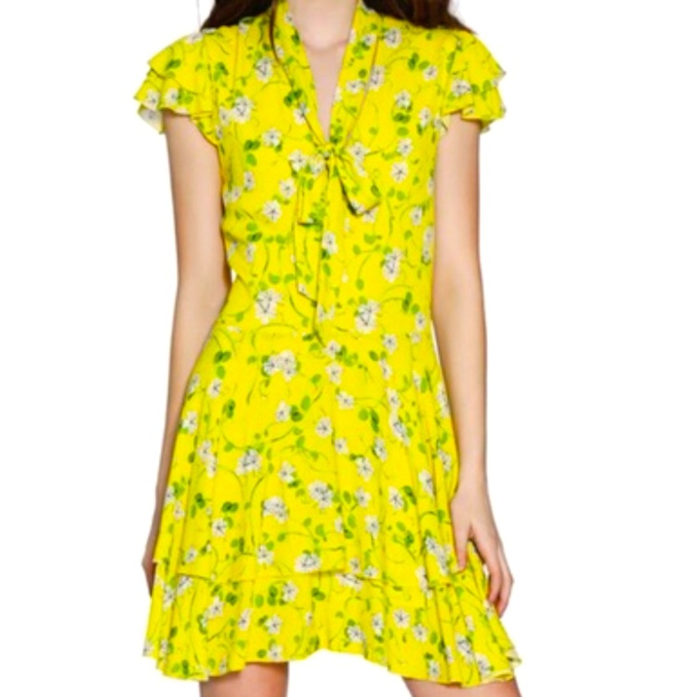 NWT ALICE + OLIVIA 8 Moore Yellow Floral Ruffle Neck Tie Dress